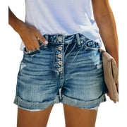 Denim Jean Shorts for Juniors High Waisted Stretchy Distressed with Frayed Hem Button Closure and Pockets Casual Summer Teen Girls Blue